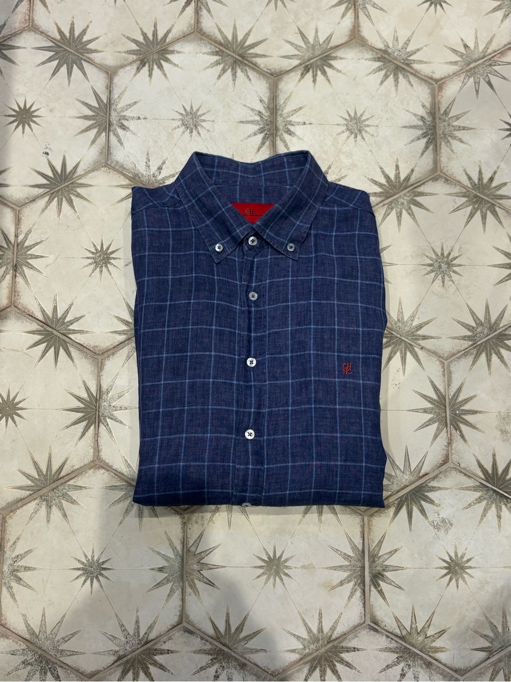 Carolina Herrera Linen Men's Blue Button-Down Shirt